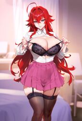 ai_generated bra dclp high_school_dxd huge_breasts light-skinned_female looking_at_viewer pale_skin red_eyes rias_gremory school_uniform solo thick_thighs undressing wide_hips zettai_ryouiki