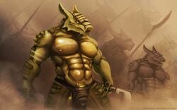 acattag angry army axes balls battle claws clothing commander crocodile crocodilian exposed fight gang loincloth male male_only markings melee_weapon muscular muscular_male navel nipples outline penis polearm reptile scales scalie spear stained sword tattoo teeth tribal war weapon