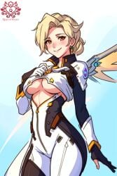 ai_generated angel big_breasts blonde_hair blush breasts drawing female mercy one_girl overwatch overwatch_2 patreon patreon_username queen_of_hearts queenhearts shy smile smiling underboob video_games