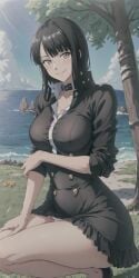 1girls ai_generated artist_request black_dress black_hair clothed female female_only knees_together nico_robin one_piece panty_peek pantyshot pink_panties pre-timeskip smiling smiling_at_viewer softcore solo squatting text underwear