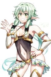 alternate_costume armor bare_shoulders bikini bikini_armor black_one-piece_swimsuit bow clothing_cutout collarbone cowboy_shot detached_sleeves elf female flat flat_chest flat_chested goblin_slayer goblin_slayer! grin hair_between_eyes hairbow hand_on_own_hip high_elf high_elf_archer_(goblin_slayer!) high_elf_archer_(goblin_slayer) highres kankitukou legs_apart long_hair long_sleeves navel navel_cutout one-piece_swimsuit pointy_ears small_breasts smile solo swimsuit teeth twintails white_bikini