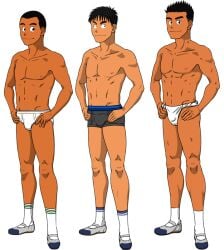 10s 2010 3boys black_hair boxers briefs bulge buzz_cut fundoshi gay male male_only muscular nipples original shoes simple_background skinny socks spiky_hair tagme taku_hiraku underwear white_background white_briefs young