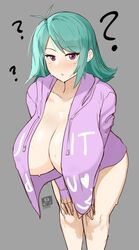 1girls 2019 ? after_shower artemis_(gaikiken) big_breasts blush blushing bottomless breasts chestnut_mouth clavicle cleavage collar_bone convenient_censoring eyebrows_visible_through_hair female female_only full_cleavage gaikiken green_hair grey_background hands_on_knees hands_on_own_thighs hoodie huge_breasts jacket jumper looking_at_viewer medium_hair naked_hoodie naked_jacket no_pants open_hoodie open_jacket open_shirt original purple_clothes purple_eyes simple_background sleeves_past_wrists solo sweat sweating teal_hair turquoise_hair watermark wet_skin white_skin