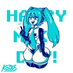 ass condom exposed_breasts hatsune_miku koituskazam latex latex_gloves latex_thighhighs panties pasties pixel_art small_breasts thick_thighs thighhighs thighs thong vocaloid white_background