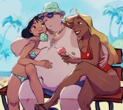 1boy 2girls beach disney fat_man female hygienic_cat lifeguard lifeguard_(lilo_and_stitch) lilo_and_stitch male multiple_girls nani_pelekai obese obese_male overweight overweight_male sunglasses swimsuit worship