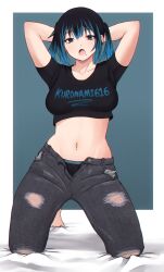 :o arms_behind_head barefoot black_hair blue_eyes blue_hair breasts denim earrings female highres jeans jewelry kneeling kuronami616 large_breasts lingerie looking_at_viewer midriff mole mole_under_eye mole_under_mouth multicolored_hair navel navel_piercing original pants piercing short_twintails simple_background solo thick_thighs thighs torn_clothes torn_jeans torn_pants twintails two-tone_hair underwear