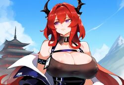 ai_generated arknights henrik_n huge_breasts light-skinned_female nipple_bulge nipples_visible_through_clothing novelai pale-skinned_female pink_lips purple_eyes red_hair solo surtr_(arknights) thiccwithaq_(ai_style)