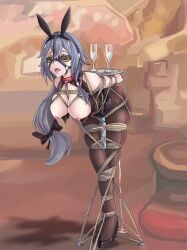 arms_behind_back bent_over black_heels bondage bound bunny_ears bunnysuit collar female female_only femsub fu_hua grey_hair high_heels honkai_(series) honkai_impact_3rd human_furniture humiliation rope tagme tongue_out vibrator