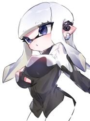 1girls areola_slip areolae bangs blue_eyes blunt_bangs breasts button_gap covered_nipples erection_under_clothes female inkling inkling_girl pointy_ears solo solo_female solo_focus splatoon splatoon_(series) tentacle tentacle_hair vaz_999 white_hair white_pants