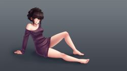 absurdres bags_under_eyes barefoot black_hair black_lagoon collarbone dress feet female frederica_sawyer gradient_background highres monorus petite ribbed_sweater scar shirt shogakukan short_hair sitting smile solo sweater sweater_dress t-shirt