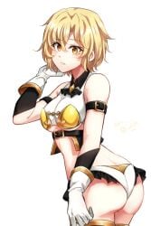 alternate_costume armor belt bikini_armor black_belt black_skirt blonde_hair breasts cowboy_shot dated female female_only fully_clothed gloves goblin_slayer goblin_slayer! halterneck highres kankitukou looking_at_viewer medium_breasts microskirt noble_fencer noble_fencer_(goblin_slayer!) parted_lips revealing_clothes short_hair shoulder_belt simple_background skimpy_clothes skirt solo underboob underbust white_background white_gloves yellow_eyes