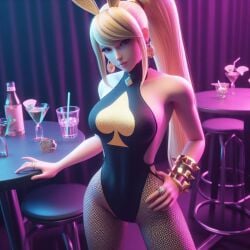 1girls ai_generated bimbo blonde_hair braclet breasts bunny_ears bunny_suit earrings female female_focus female_only fishnets lexithong metroid nails nintendo queen_of_spades raceplay samus_aran snowbunny