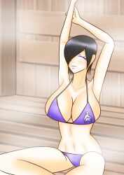 1girls bare_legs big_breasts bikini black_hair cleavage kanisuka_rita mokuro_(artist) ohsama_sentai_king-ohger purple_bikini sauna short_hair steam steam_room super_sentai