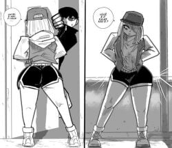 back_view bent_forward big_ass black_and_white black_hoodie blonde_hair brazilian cap curvy dark_hair delete(sense_life) duo_focus front_view fully_clothed hands_in_both_pockets hands_in_pockets hoodie kaleb(sense_life) light-skinned_female manga manga_page mouth_covered no_sex original peeking_through_door portuguese_text sense_life serious_look sports_shorts striped_clothing sunlight sweatdrop thick_thighs zipper