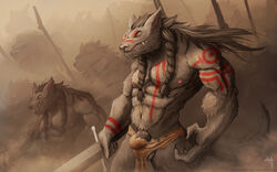 absurd_res acattag angry animal_genitalia anthro army balls battle blizzard_entertainment braided_hair canid canine canis claws clothing exposed fangs fight fur gang group hair hi_res invalid_tag loincloth male male_only mammal markings melee_weapon muscular navel nipples penis polearm sheath spear stained sword tattoo tribal video_games warcraft weapon were werecanid werecanine werewolf wolf worgen