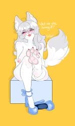 4_toes absurd_res anthro areola blush bodily_fluids canid canine clothing drooling feet female foot_focus footwear fur heart_eyes heart_symbol hi_res high_heels mammal nipples pocketpuppy13 pocketpuppy13 purple_eyes saliva shoes solo toes white_body white_fur