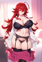 ai_generated dclp garter_straps high_school_dxd huge_breasts light-skinned_male lingerie looking_at_viewer pale-skinned_female presenting rias_gremory school_uniform showing_off solo teasing_viewer thick_thighs thighhighs wide_hips zettai_ryouiki