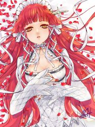 breasts chidori_yoshino cleavage covered_navel dress female fingernails frilled_hairband frills gothic_lolita hair_ribbon hairband highres lolita_fashion long_fingernails long_hair looking_at_viewer medium_breasts parted_lips persona persona_3 petals qoo1234 red_hair red_nails ribbon sidelocks signature solo teeth upper_body upper_teeth_only white_dress yellow_eyes