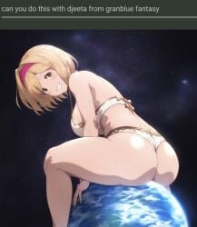 ai_generated bikini blonde_hair djeeta_(granblue_fantasy) earth giantess giga_giantess granblue_fantasy huge_ass isoai large_breasts request self_upload short_hair smirk solo_female