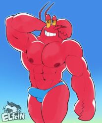 anthro arthropod blue_clothing blue_speedo blue_swimwear bulge clothing crustacean decapoda elfein erection larry_the_lobster lobster malacostracan male marine muscular muscular_male nickelodeon nipples solo_focus speedo spongebob_squarepants swimwear