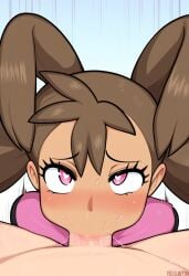 1boy 1girls ai_generated aifrobull blush brown_hair cum_in_mouth cumming dark-skinned_female deep_blowjob deepthroat ejaculation eyes_half_open fellatio female female_human heart-shaped_pupils human interracial male male/female nintendo oral penis pink_eyes pokemon pokemon_xy pov semen shauna_(pokemon) thick_outline throat_fuck throatpie twintails