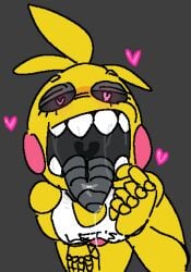 bananalizard bedroom_eyes black_sclera eyes_half_open finger_in_mouth five_nights_at_freddy's five_nights_at_freddy's_2 heart-shaped_pupils leaning_forward mawshot mouth mouth_fetish mouth_open perspective saliva saliva_drip saliva_string saliva_trail sharp_teeth simple_background solo solo_female spit teeth tongue_out toy_chica_(fnaf) toy_chica_(love_taste) wet_mouth yellow_body