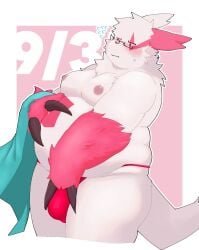 2024 anthro asian_clothing belly big_belly blush bulge clothing dragon_night800 east_asian_clothing eyewear fundoshi generation_3_pokemon glasses hi_res japanese_clothing kemono male moobs nintendo nipples overweight overweight_male pokemon pokemon_(species) red_body red_clothing red_fundoshi red_underwear simple_background solo underwear white_body zangoose