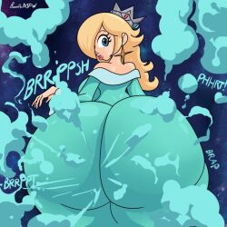 1girls backview banillansfw big_ass big_butt blonde_hair brapilla bubble_butt dress earrings fart fart_cloud fart_fetish farting female female_only full_of_gas gas gassy huge_ass huge_butt looking_back mario_(series) princess princess_rosalina super_mario_galaxy