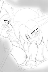 anthro areolae blush breasts dimary dog_ears dog_humanoid dog_penis exhaling fellatio female furry futa_on_female futanari hair headband humanoid humanoid_on_anthro intersex knot large_areolae large_breasts long_ears long_hair looking_at_partner looking_pleasured medium_breasts medium_hair messy_hair monochrome monster_girl monster_musume_no_iru_nichijou nipples open_mouth oral penis polt_(monster_musume) tuft xerlexer