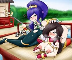 2girls anal anal_insertion anal_sex artist_request beauty_mark big_breasts black_hair black_hair_female blue_hair blue_hair_female female/female female_focus female_only green_eyes green_eyes_female katarina_du_couteau large_breasts league_of_legends long_hair_female love_heart love_hearts loveheart lovehearts lunar_new_year lunar_revel_series multiple_girls nidalee object_in_ass object_insertion ponytail ponytail_female riot_games scar scar_across_eye scar_on_face shaking skimpy skimpy_clothes skimpy_costume skimpy_outfit spear sweat sweatdrop sweating torn_clothes torn_clothing torn_pants torn_pantyhose visible_nipples warring_kingdoms_katarina warring_kingdoms_nidalee