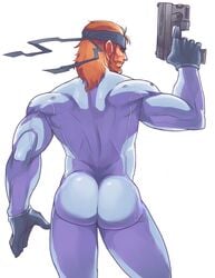 1boy ass back_muscles back_view bandana bara beard beaugilliam big_ass bodysuit brown_hair bubble_ass bubble_butt clothed clothing dat_ass facial_hair from_behind gloves gun headband holding_object holding_weapon human human_only konami light_skin long_hair looking_at_viewer looking_back male male_only metal_gear metal_gear_solid muscle muscles muscular muscular_male presenting_hindquarters revealing_clothes shiny simple_background skimpy_armor solid_snake solo solo_focus solo_male suggestive thick_thighs tight_clothing white_background white_male