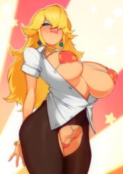 1girls big_breasts bikini blonde_hair blue_eyes blush breasts cleavage crotchless_pantyhose doxy female female_only hair_over_one_eye large_breasts long_hair mario_(series) nintendo princess_peach simple_background solo standing