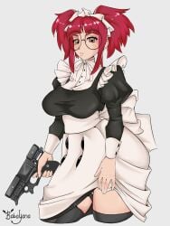 1girls babayana black_butler breasts brown_eyes glasses gun holding_weapon kuroshitsuji large_breasts leg_belt maid maid_apron maid_uniform meirin_(kuroshitsuji) red_hair round_eyewear short_hair solo twintails weapon white_background