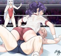 3girls asahina_mafuyu ass audience blue_eyes brown_hair catfight gym_clothes leotard mochizuki_honami pinned project_sekai purple_hair pussy_visible_through_clothes school_swimsuit sweat swimsuit thick_ass wrestling wrestling_ring yoisaki_kanade