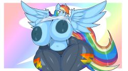 1girls anthro ass big_ass big_breasts blue_body breasts bubble_butt female female_only flashing hasbro huge_ass huge_breasts large_ass large_breasts looking_at_viewer my_little_pony nipples nude outside pegasus rainbow_dash_(mlp) rainbow_hair thiccbuns thick_thighs voluptuous wide_hips wilsonbunnycake wings