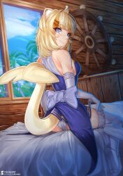 background blonde_hair clothed likunea monster_girl panties rear_view shark smile tagme tail thighhighs virtual_youtuber vtuber