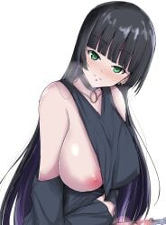 1girls big_breasts black_hair bocchi_the_rock! breasts breasts_out busty clothes_pull confident female female_only flashing green_eyes highres huge_breasts jiseki long_hair looking_at_viewer naughty_face nipples pa-san pulled_by_self seductive_smile smile solo very_long_hair