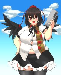 bbw belly_overhang big_belly big_female blush camera chubby chubby_female embarrassed fat fat_arms fat_female fat_fetish fat_girl fatty female large_female obese obese_female overweight overweight_female plump pork_chop shameimaru_aya thick_thighs tight_clothing tight_fit touhou tubby weight_gain