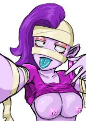 1girls bandage_on_head blue_tongue boobs brawl_stars crossed_eyes emz_(brawl_stars) female female_only humanoid lavender_skin long_hair nipples no_visible_genitalia pointy_ears purple_hair selfie shirt_up solo sticking_out_tongue tongue tongue_out waist_up