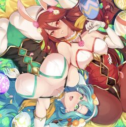 2girls abs alternate_costume aqua_hair better_version_at_source blue_hair blush breasts bunny_ears bunny_girl bunnysuit chloe_(fire_emblem) chloe_(spring)_(fire_emblem) cordelia_(fire_emblem) cordelia_(spring)_(fire_emblem) edit female fire_emblem fire_emblem_awakening fire_emblem_engage fire_emblem_heroes green_eyes green_hair highres large_breasts light-skinned_female light_skin long_hair looking_at_viewer medium_breasts multiple_girls nintendo official_alternate_costume playboy_bunny red_eyes red_hair revolverwingstudios rotated small_breasts thick_thighs