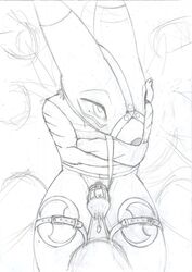 anthro bondage bound chastised chastity digimon digimon_(species) genderswap hi_res leaking luvini male male_only meep monochrome penis renamon rough_sketch sketch solo straitjacket