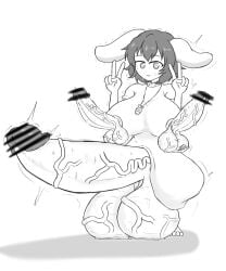 balls breast_balls bunny_ears fully_clothed futanari huge_balls multi_balls multi_genitalia multi_penis noto858 penis penis_nipples tewi_inaba touhou triphallia unusual_genitalia_placement unusual_penis_placement v_sign what