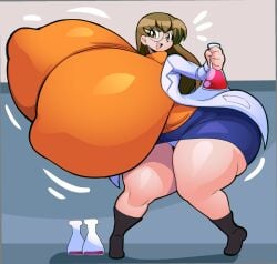 angstrom ass_expansion breast_expansion clothed glasses hyper_breasts inflation lab_coat labcoat nipple_bulge panties potion scientist skirt smile sweater thick_thighs wide_hips