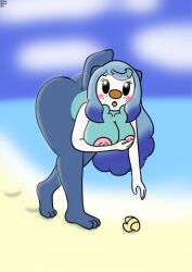 anthro ass ass_up bending_over big_areola blue_hair blush breasts brokenrekordbro covering_breasts female female_only furry hair nipples open_mouth oshawott pokemon pokemon_(species) pokemon_bw shell tagme thick_thighs