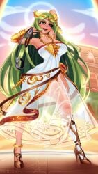 1futa balls big_breasts breasts clothed clothing dress erection fully_clothed futa_only futadom futanari green_hair high_heels huge_cock human kid_icarus kid_icarus_uprising leash light-skinned_futanari light_skin long_hair looking_at_viewer nenerhea nintendo palutena penis see-through see-through_clothing solo standing translucent translucent_clothing