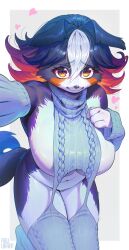 1girls 2023 aruurara big_breasts black_body black_fur black_hair breasts canine dog_ears dog_girl dog_tail eyebrows eyebrows_visible_through_hair eyelashes featureless_breasts featureless_crotch female female_only furry furry_only heart huge_breasts looking_at_viewer navel on_knees orange_eyes orange_fur orange_hair selfie selfie_pose signature simple_background tail virgin_killer_sweater white_fur white_hair