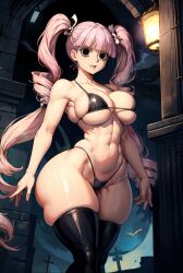 1girls ai_generated big_breasts bikini black_eyes black_thighhighs blunt_bangs bottom_heavy breasts cleavage dark_background dot_eyes female female_only gothic grin high-waisted_thong large_breasts long_hair looking_at_viewer midriff navel night no_pupils one_piece outdoors outside perona pink_hair sideboob skimpy_clothes skindentation smile solo stable_diffusion standing tampopo thick_ass thick_thighs thighhighs toned toned_female twintails underboob