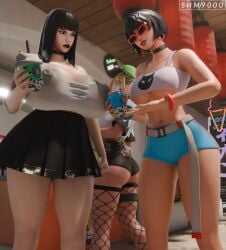 3d 3d_(artwork) 3girls angry_expression angry_face big_breasts black_hair black_lips black_lipstick boba_tea breasts breasts_bigger_than_head cap charlotte_(fortnite) clothed_female curvy curvy_body curvy_female curvy_hips epic_games evie_(fortnite) female female_focus female_only fortnite fortnite:_battle_royale helsie_(fortnite) high_resolution highres holding holding_object huge_breasts huge_nipples makeup multiple_girls nipples_visible_through_clothing smoothie sunglasses superhentaimaster9000 tight_clothing tight_fit tinted_eyewear voluptuous voluptuous_female x_redeyes yellow_hair