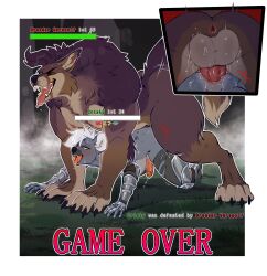 ahe_gao anal anal_sex anthro anus armor balls big_balls big_dom_small_sub bodily_fluids breed brown_body brown_fur canid canine claws clothing cristyfur doggy_style dominant dripping duo fangs from_behind_position fur game_over gameplay_mechanics gauntlets genital_fluids genitals gloves grey_body grey_fur gui hair handwear health_bar hi_res hyena letsdrawcats level_difference looking_pleasured male male/male mammal mythological_canine mythological_creature mythology penetration penile penile_penetration penis_in_ass precum precum_drip semi-anthro sex size_difference smaller_penetrated stomach_bulge teeth text tongue tongue_out were werecanid werecanine werewolf white_hair