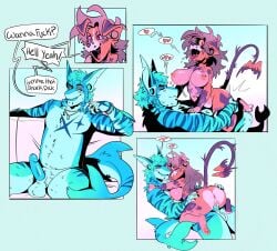 4_panel_comic ahe_gao angelbite_piercing anthro anthro_on_anthro anthro_penetrated anthro_penetrating anthro_penetrating_anthro anus areola ass avian balls barbell_piercing big_breasts bird bite biting_lip blue_body blue_fur blue_stripes breasts canid canine canis closed_eyes dialogue domestic_dog ear_piercing elbow_fin english_text erection facial_piercing fangs feet female female_penetrated fin fish flamingo fur furred_shark gauged_ear genitals gradient_background hair half-closed_eyes heart_eyes heart_symbol hi_res highlights_(coloring) huge_breasts humanoid_genitalia humanoid_penis humanoid_pussy hybrid lip_piercing looking_pleasured male male/female male_penetrating male_penetrating_female mammal marine narrowed_eyes nipple_barbell nipple_piercing nipples nude open_mouth open_smile pawpads paws penetration penile penile_penetration penis penis_in_pussy perineum piercing pink_areola pink_body pink_fur pink_hair pink_nipples pink_pawpads purple_body purple_fur purple_highlights purple_sclera pussy sex shark short_stack simple_background smile snakebite_piercing sparkibarki speech_bubble spread_toes striped_body striped_fur stripes stud_piercing tail tail_fin tail_tuft teeth text toes tongue tongue_out tuft vaginal_penetration